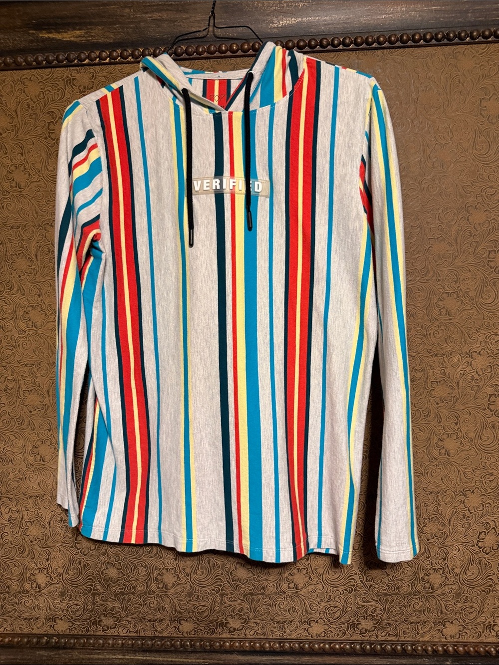 Verified Multicolor Striped Hooded Long Sleeve Tee - Gray Base